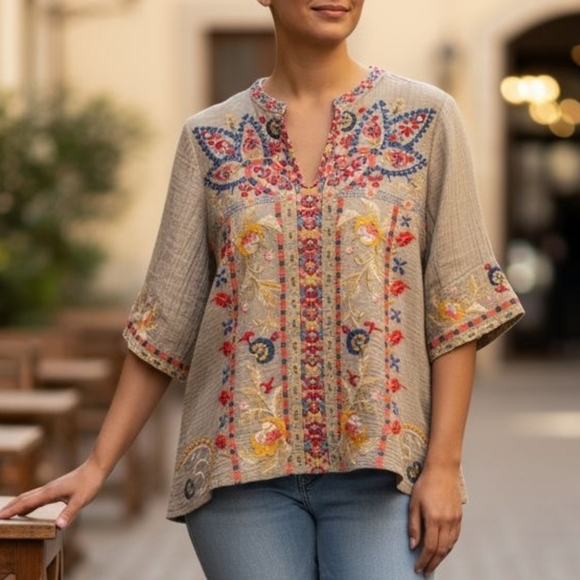 Johnny Was Tops - Johnny Was Embroidered Boho Artsy Boxy Top